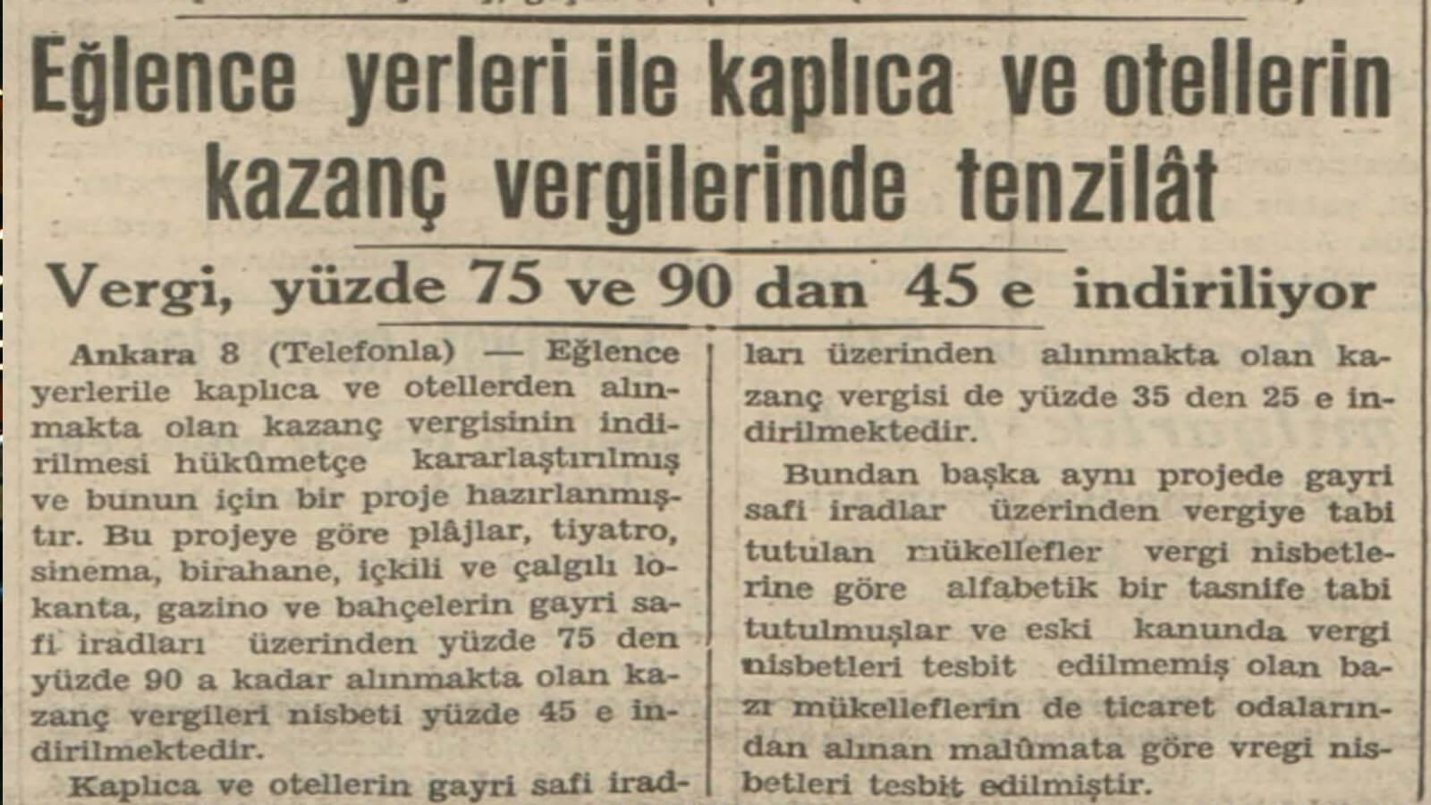 1938'de Oteller, Kaplıcalar ve Eğlence Merkezlerinden Alınan Vergilerdeki Düşüş
