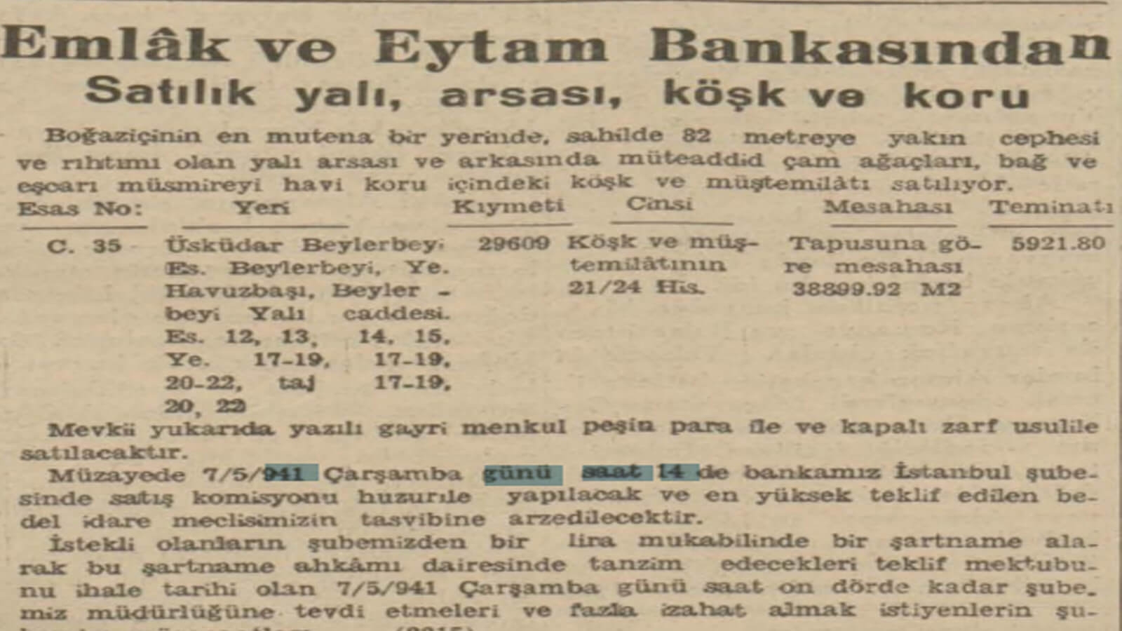 1941'de Emlak Bankası tarafından Boğaz'da Satılık Yalı, Arsa, Köşk ve Koru