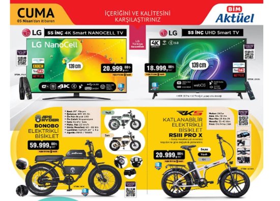 BİM'de RKS Katlanabilir Elektrikli Bisiklet 20.999 TL, LG 55 UHD Smart TV 18.999 TL! 5 Nisan BİM Aktüel Ürünler